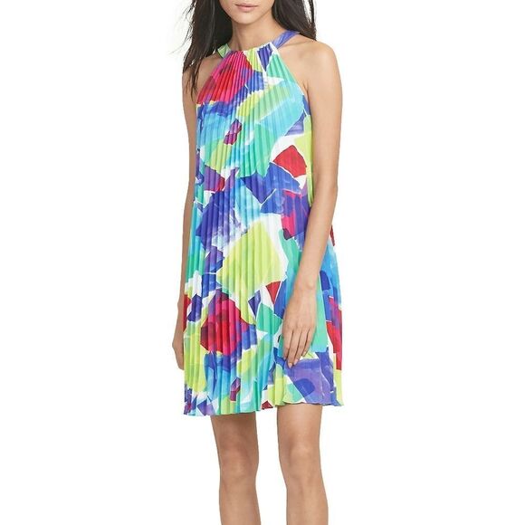 New! RALPH LAUREN Women's Abstract Print Pleated Dress Size 14 Multicolored - Picture 2 of 3